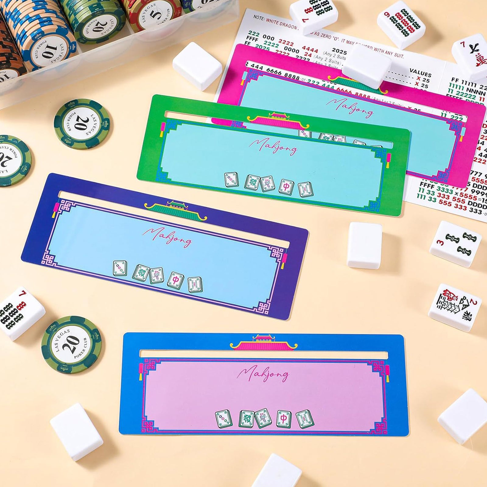 Four Mahjong line finder card guides in blue, pink, green, and purple
